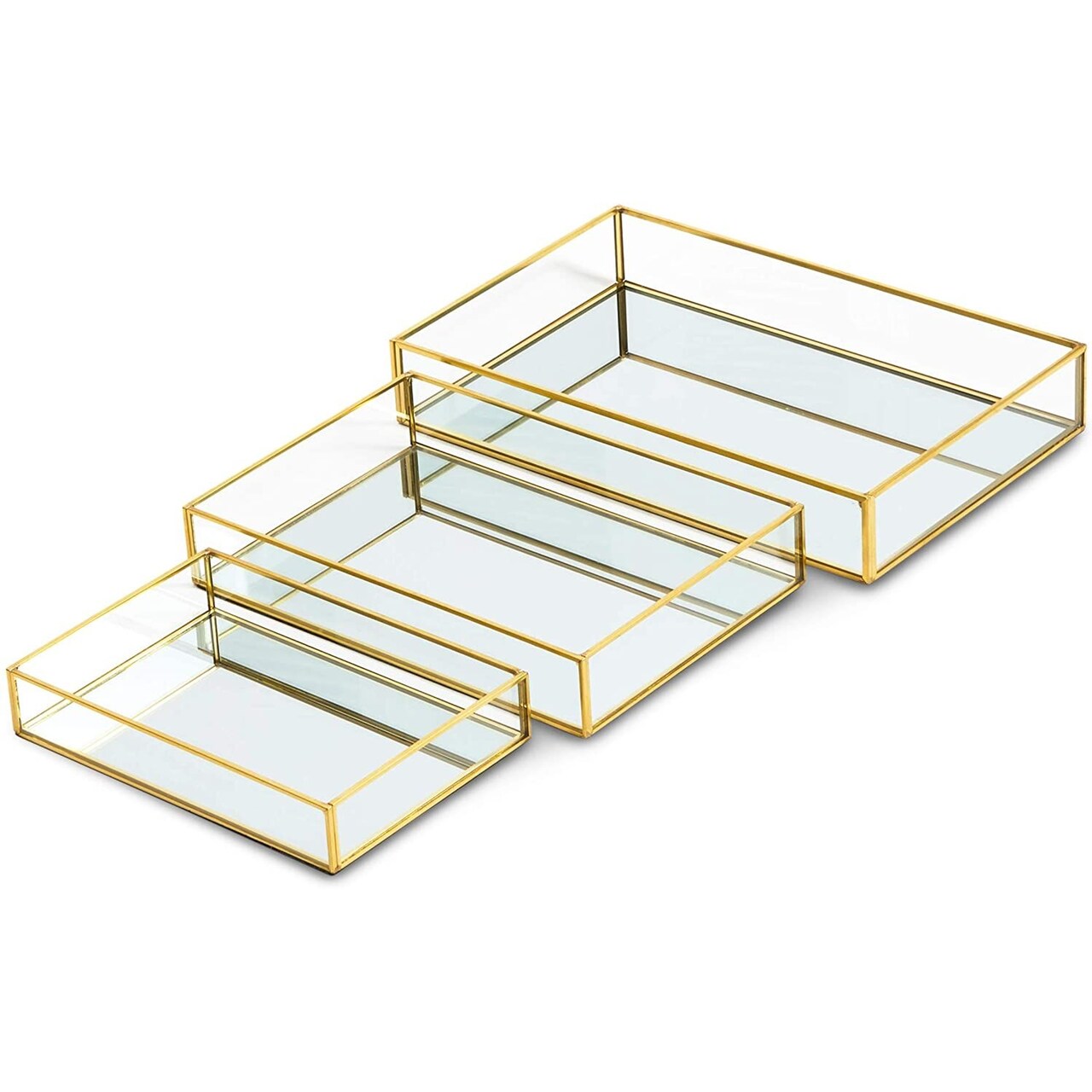 Set of 3 Gold Mirror Vanity Tray for Perfume, Makeup Display, Decorative Rectangle Glass Jewelry Organizer for Bathroom, Dresser (3 Sizes)